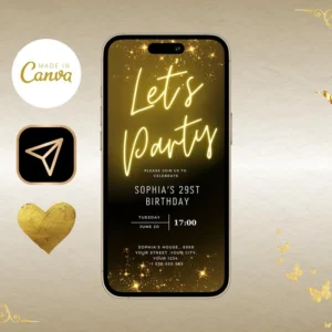 Neon Gold Light Digital Party e-invite Template, Birthday Text Message Interactive invitations
